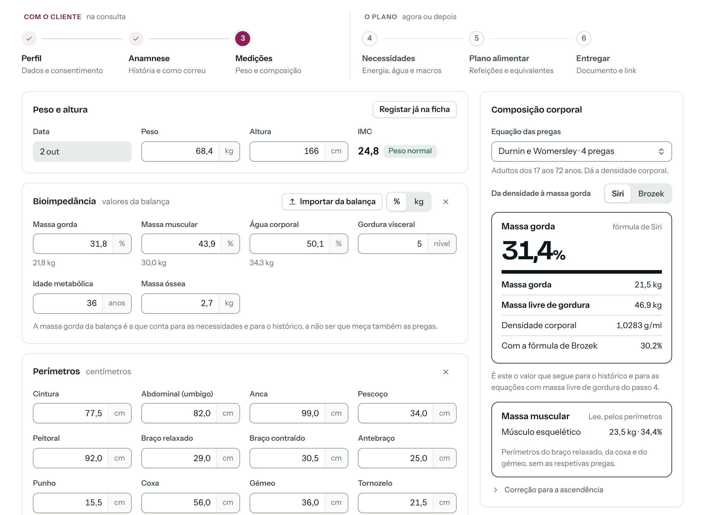 O passo das medições na consulta: peso e altura, bioimpedância, perímetros e a composição corporal calculada pelas pregas.